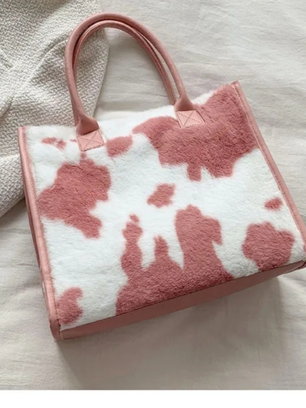 Plush Pink Cow Print Tote Bag - Faux Fur Handbag